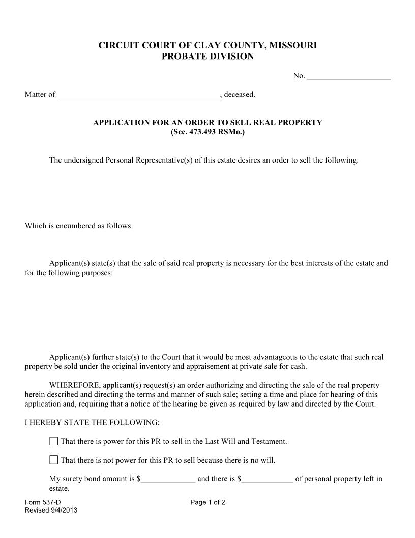 Application-for-an-Order-To-Sell-Real-Property {537D} | Pdf Fpdf Docx | Missouri