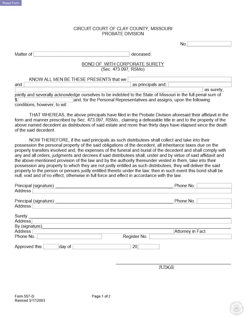 Bond Of Corporate Security {557-D} | Pdf Fpdf Docx | Missouri