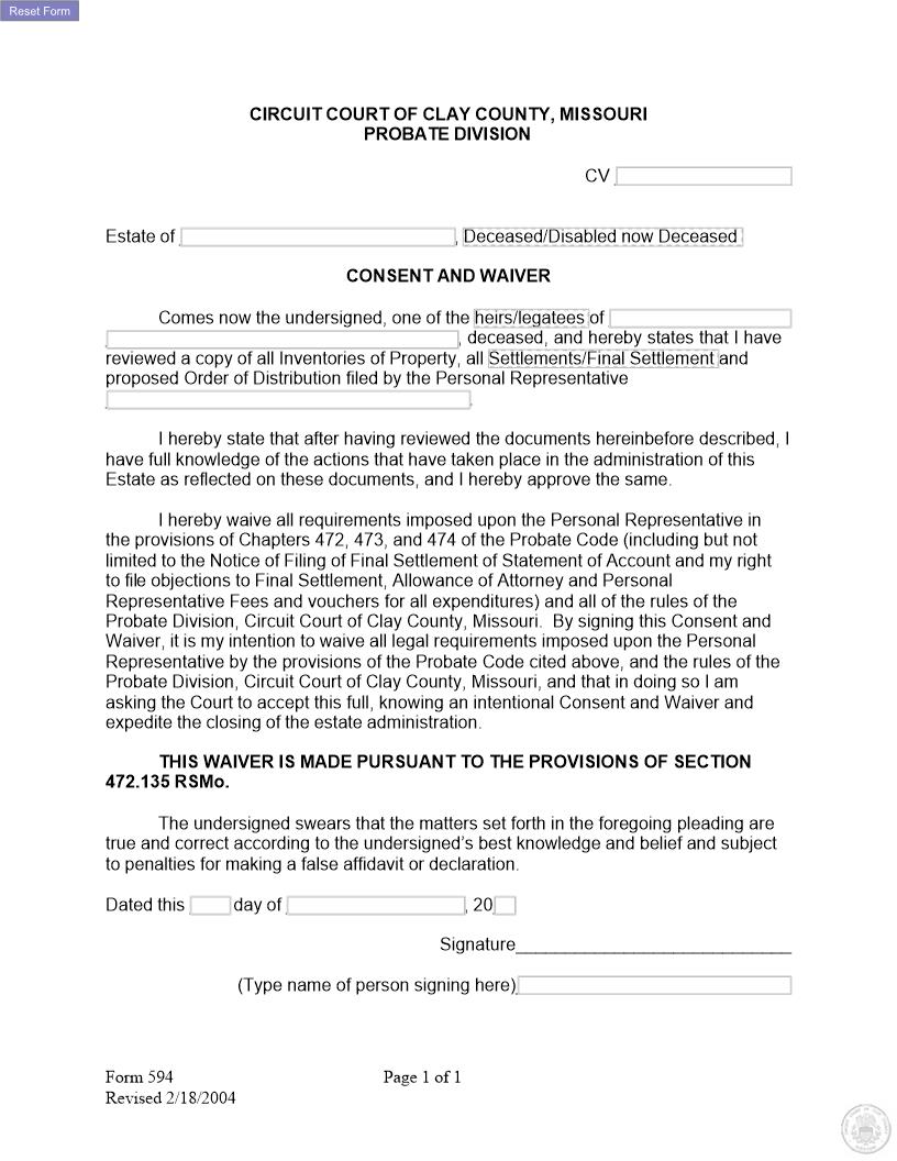 Consent And Waiver {594} | Pdf Fpdf Docx | Missouri