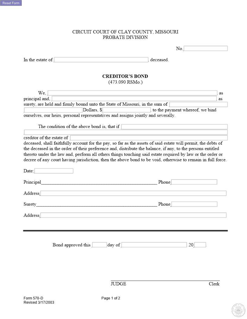 Creditors Bond {570-D} | Pdf Fpdf Docx | Missouri