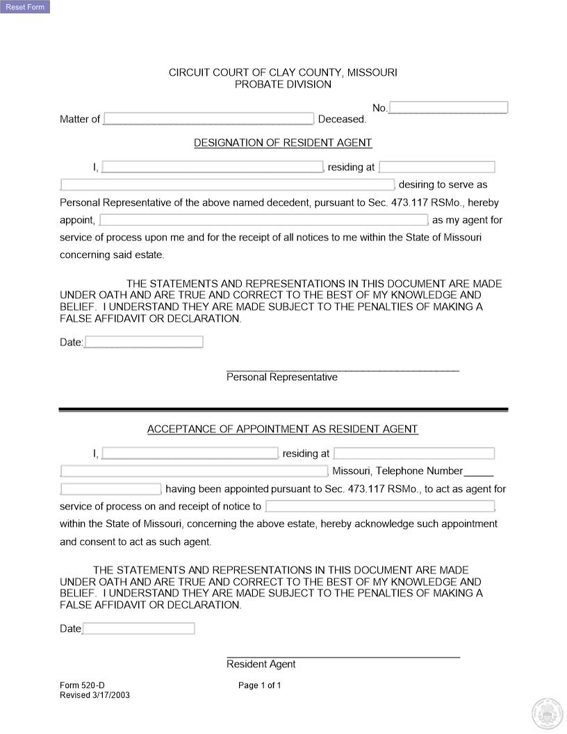 Designation Of Resident Agent {520-D} | Pdf Fpdf Docx | Missouri