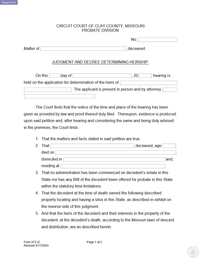 Judgment And Decree Determining Heirship {573-D} | Pdf Fpdf Docx | Missouri