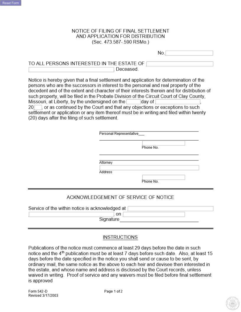 Notice Of Filing Of Final Settlement {542-D} | Pdf Fpdf Docx | Missouri