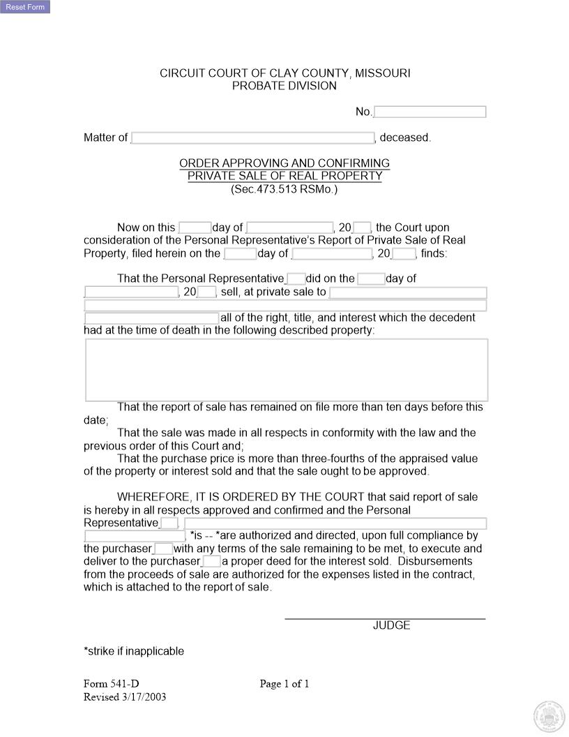 Order Approving Private Sale Of Real Estate {541-D} | Pdf Fpdf Docx | Missouri