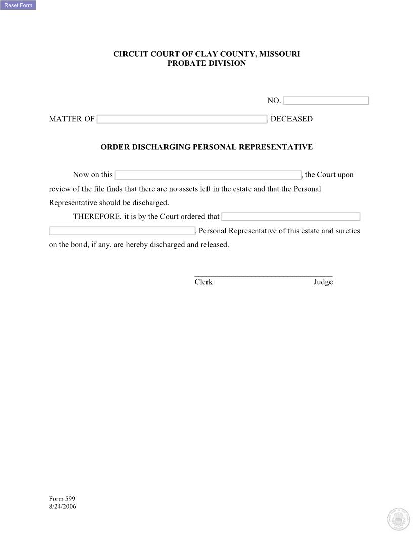 Order Discharging Personal Rep {599} | Pdf Fpdf Docx | Missouri
