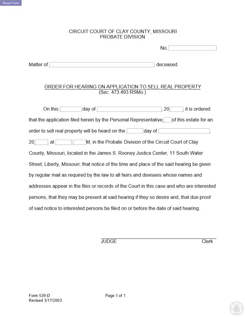 Order For Hearing On Application To Sell Real Estate {539-D} | Pdf Fpdf Docx | Missouri