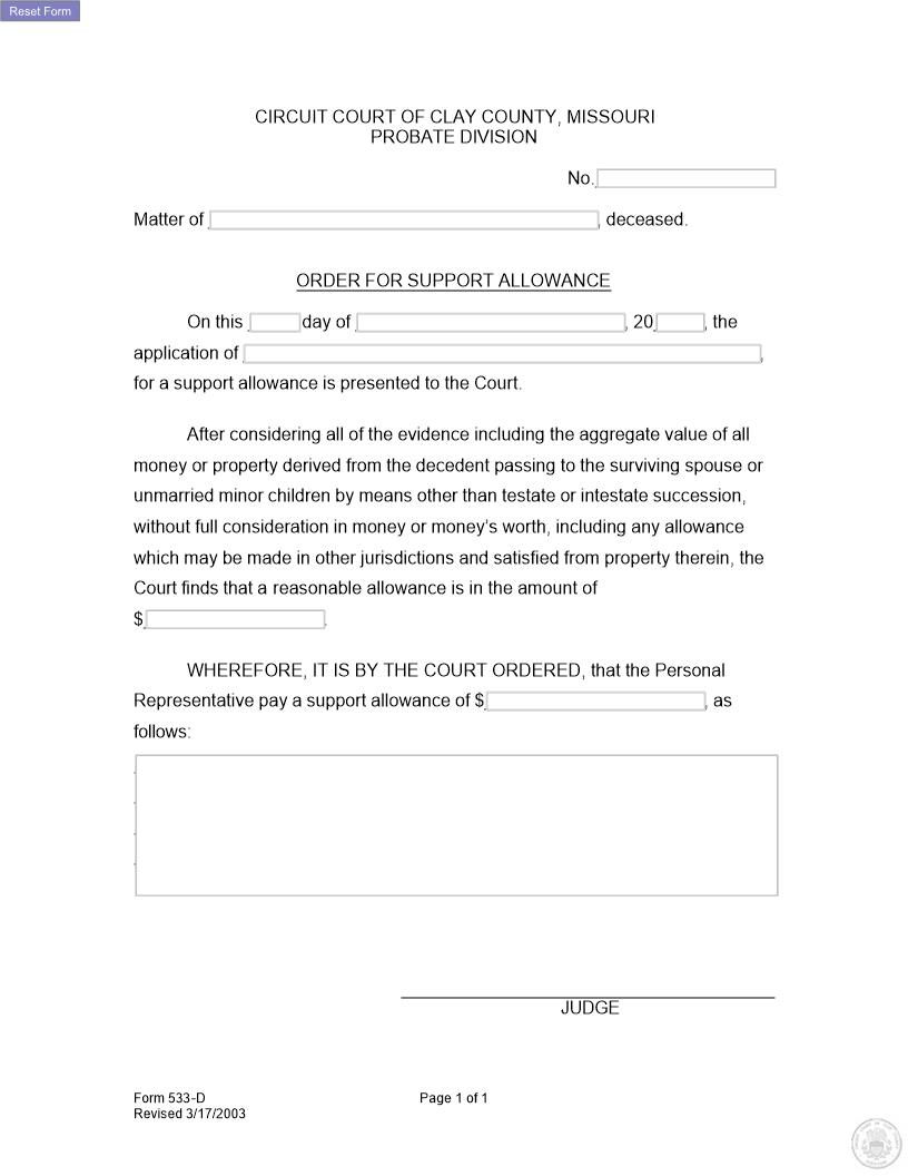 Order For Support Allowance {533-D} | Pdf Fpdf Docx | Missouri