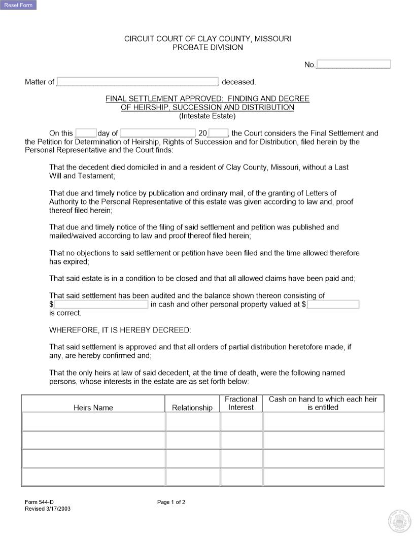 Order Of Distribution Without Will {544-D} | Pdf Fpdf Docx | Missouri