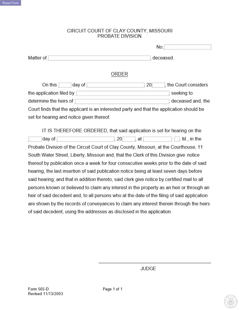 Order Of Hearing For Heirship {565-D} | Pdf Fpdf Docx | Missouri