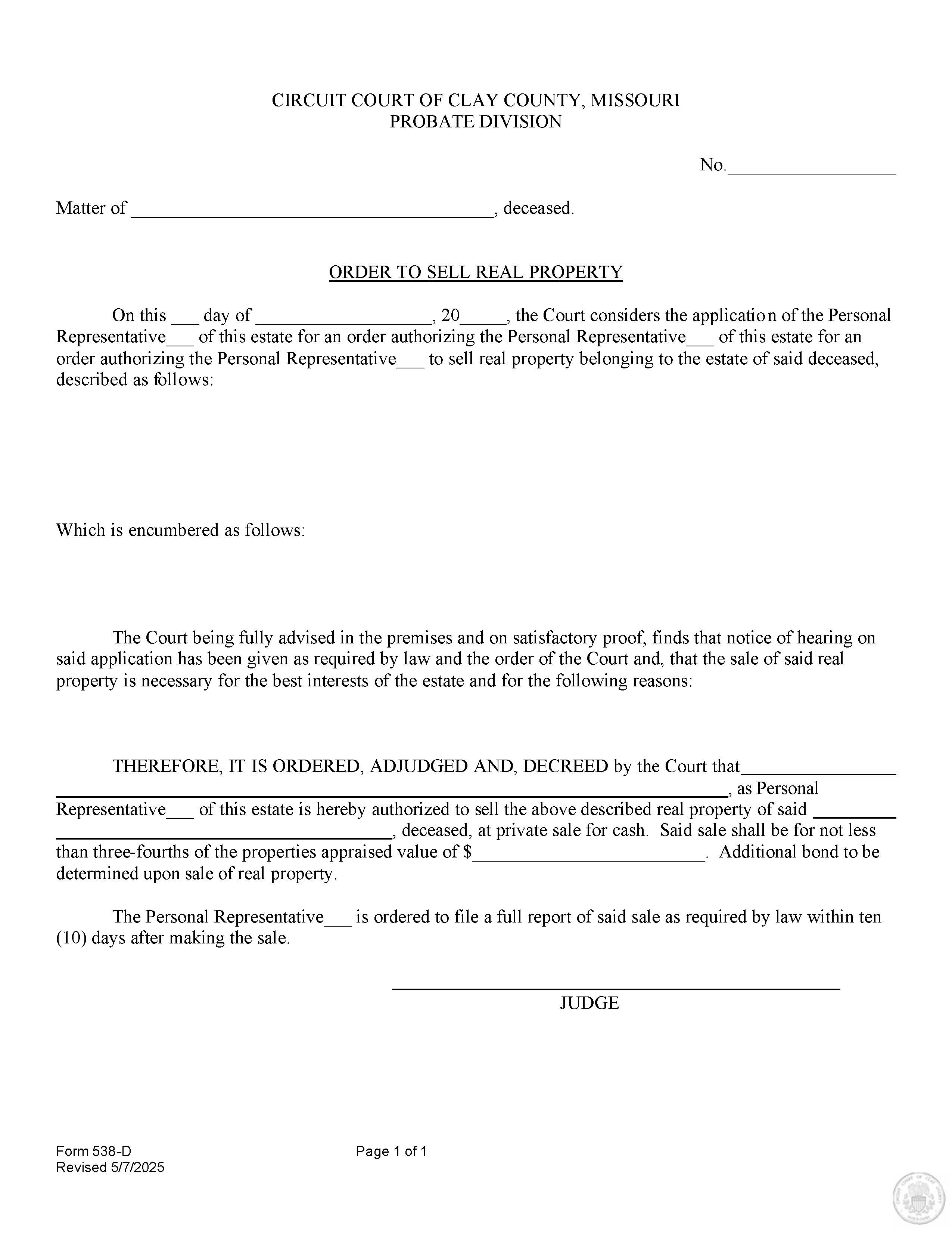 Order To Sell Real Property {538-D} | Pdf Fpdf Docx | Missouri