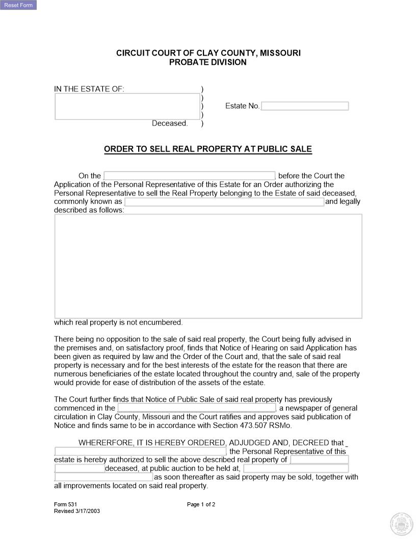 Order To Sell Real Property At Public Sale {531} | Pdf Fpdf Docx | Missouri
