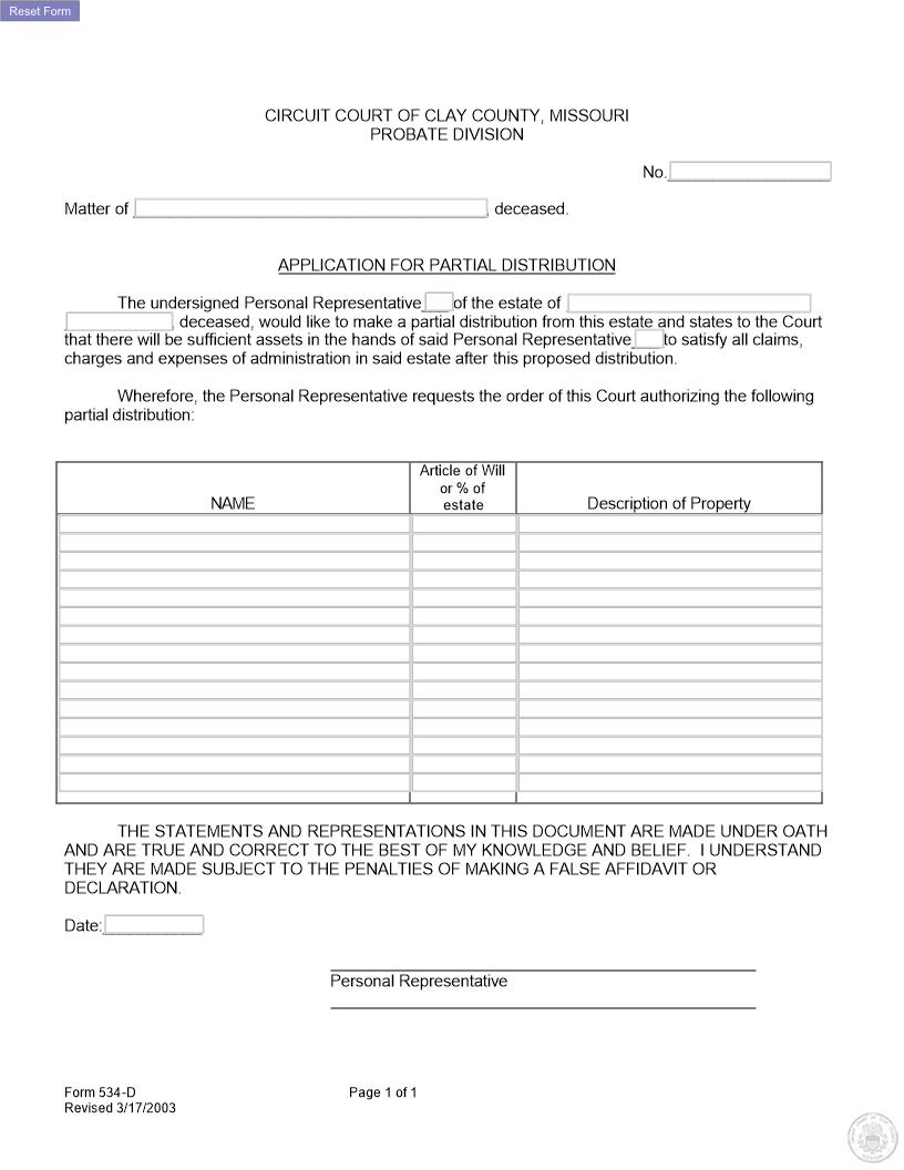 Petition For Partial Distribution {534-D} | Pdf Fpdf Docx | Missouri