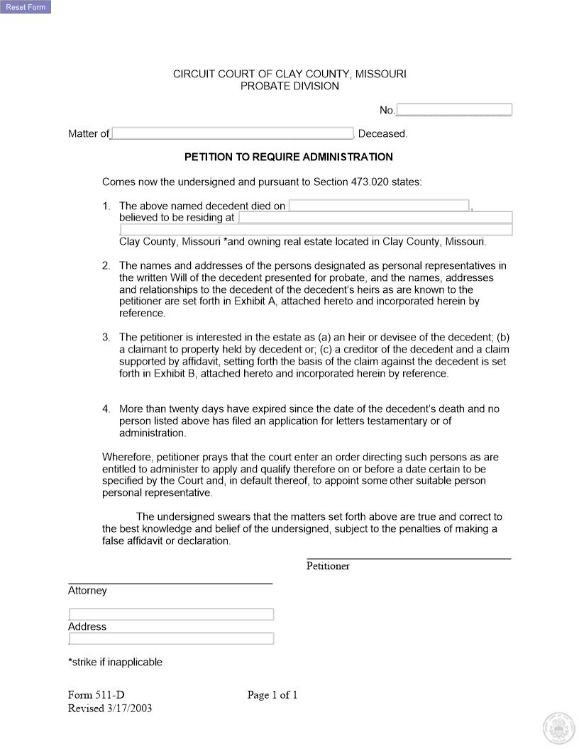 Petition To Require Administration {511-D} | Pdf Fpdf Docx | Missouri