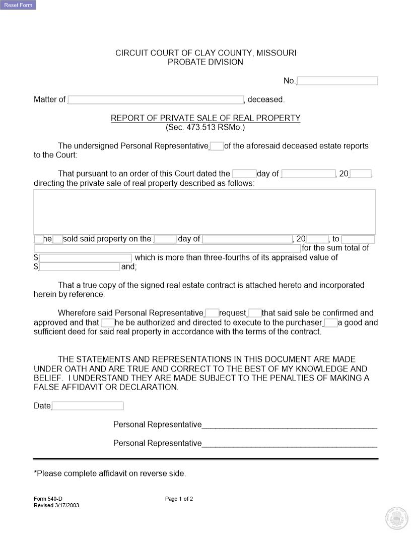 Report Of Private Sale Of Real Property {540-D} | Pdf Fpdf Docx | Missouri