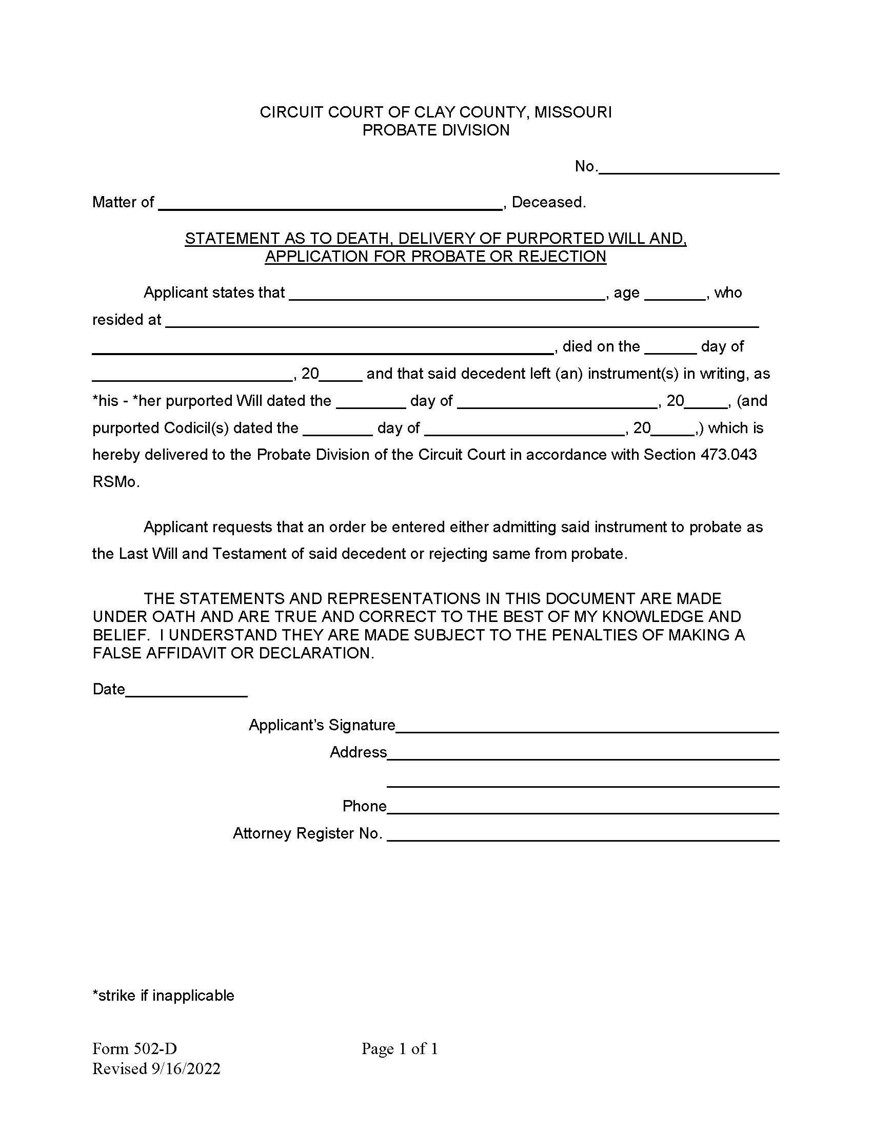 Statement As To Death And App For Probate {502-D} | Pdf Fpdf Docx | Missouri