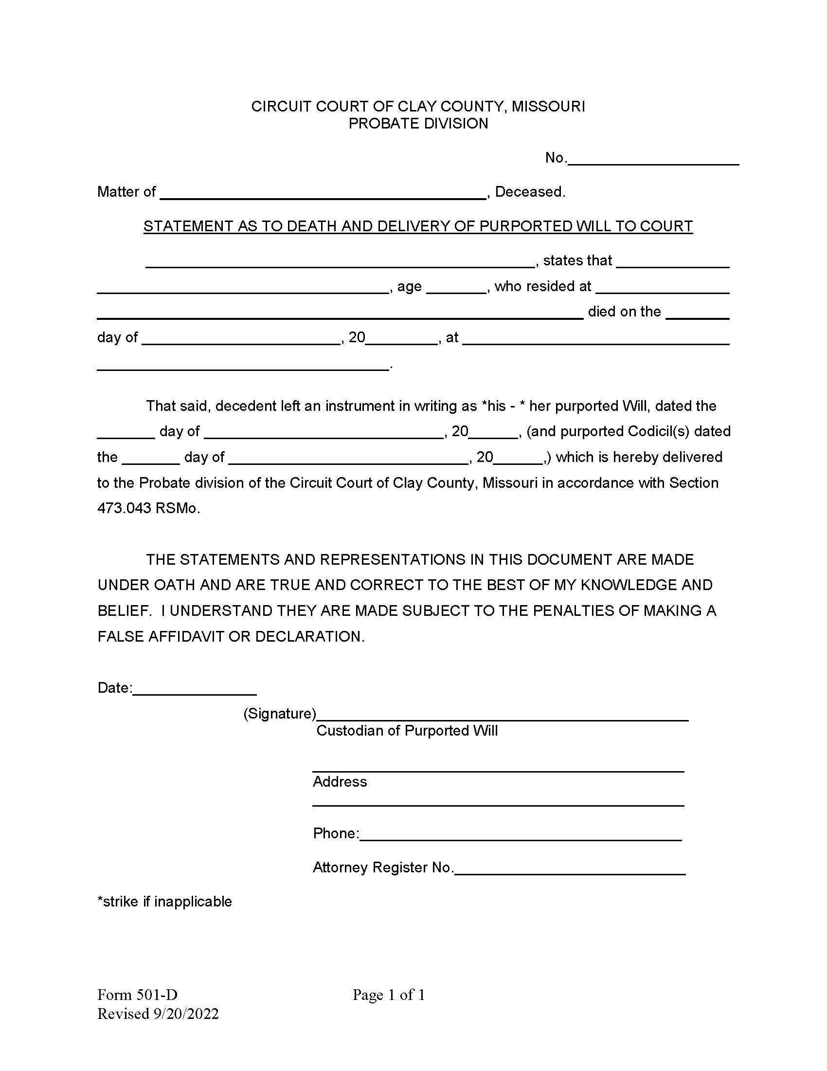 Statement As To Death And Delivery Of Will To Court {501-D} | Pdf Fpdf Docx | Missouri