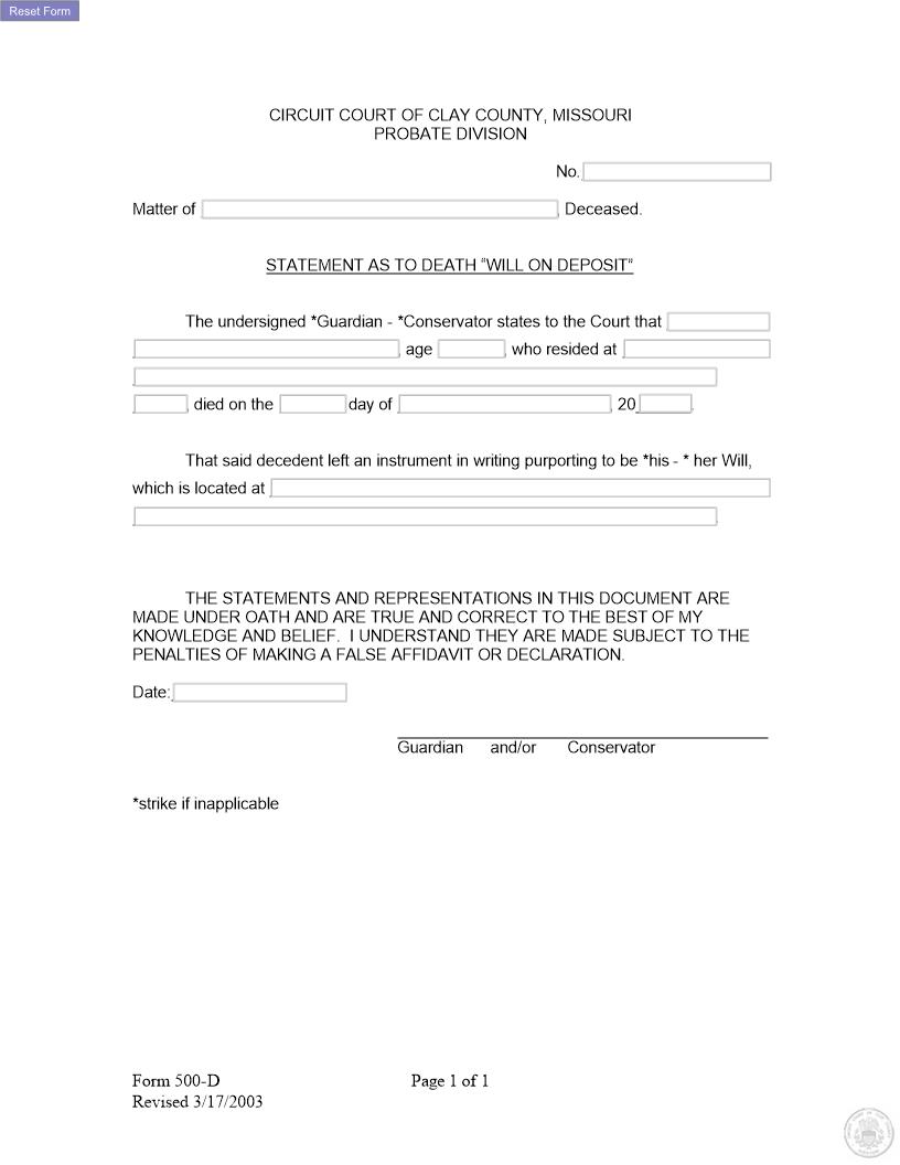 Statement As To Death Will On Deposit {500-D} | Pdf Fpdf Docx | Missouri