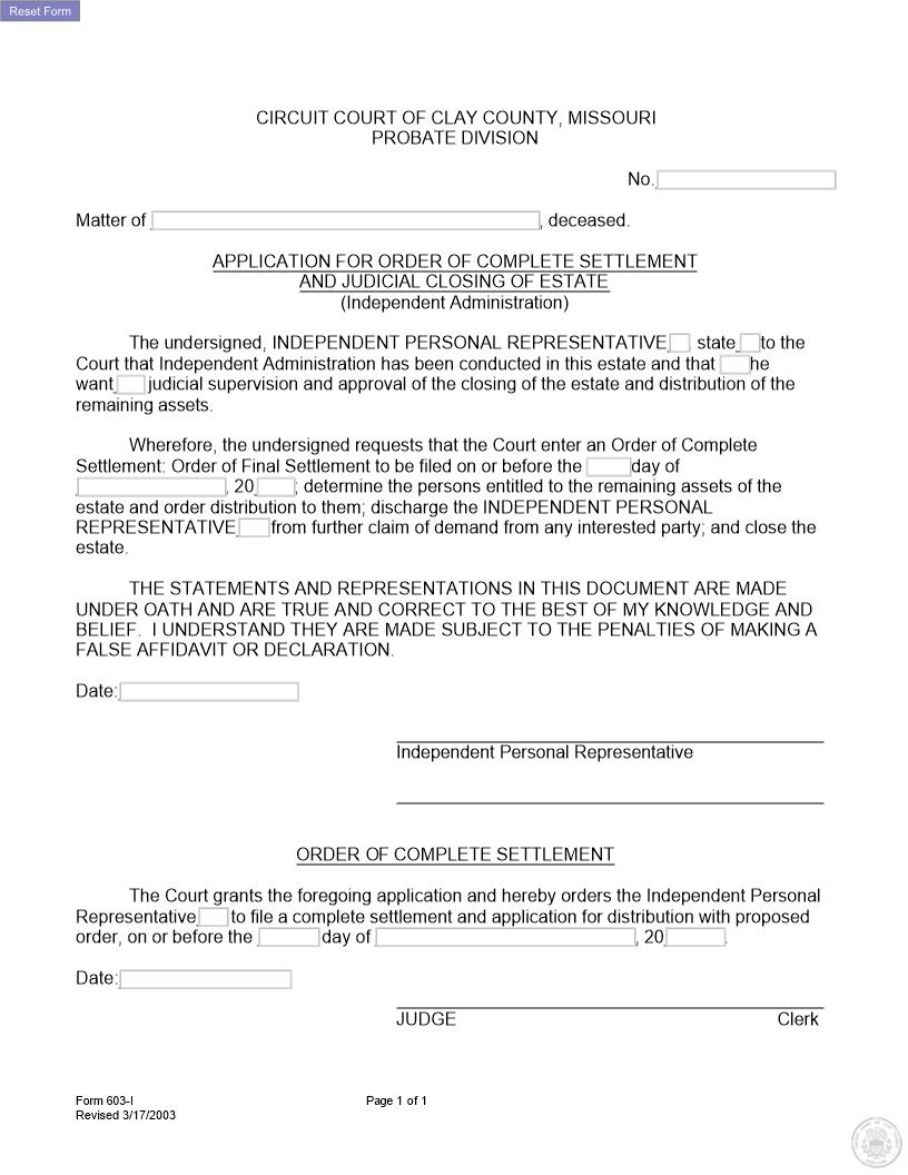 Application For Order Of Settlement And Closing {603-I} | Pdf Fpdf Docx | Missouri