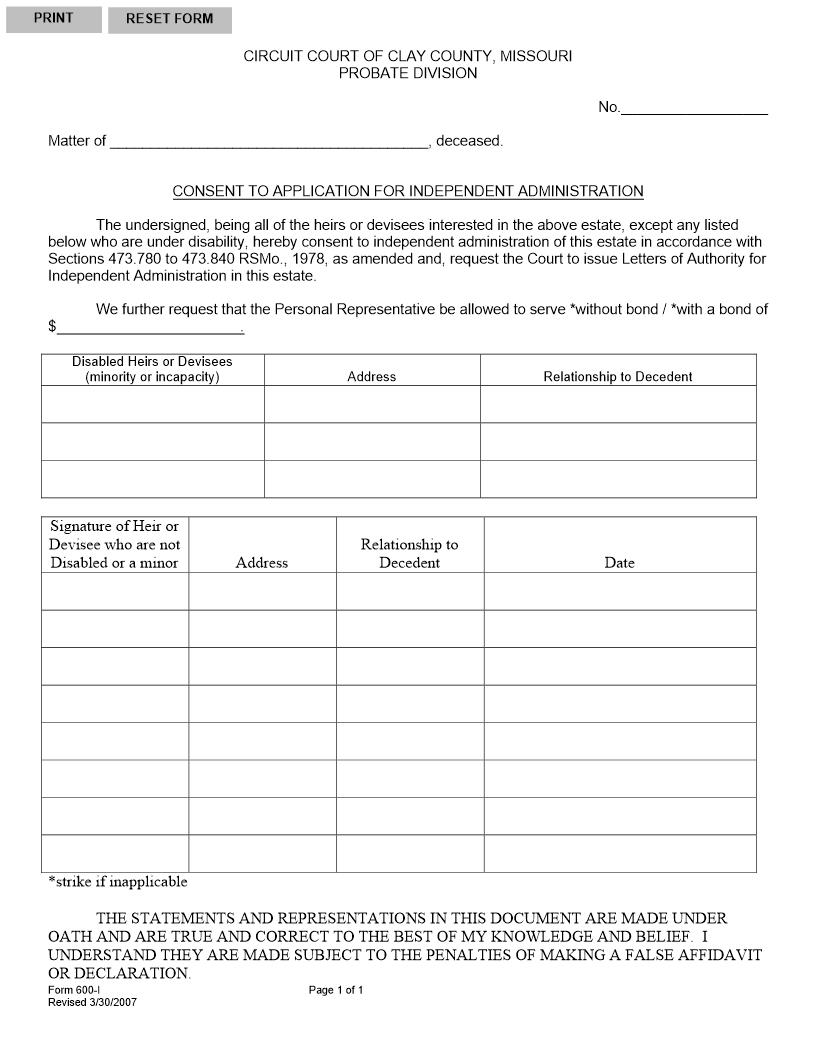 Consent To Application For Independent Administration {600-I} | Pdf Fpdf Docx | Missouri