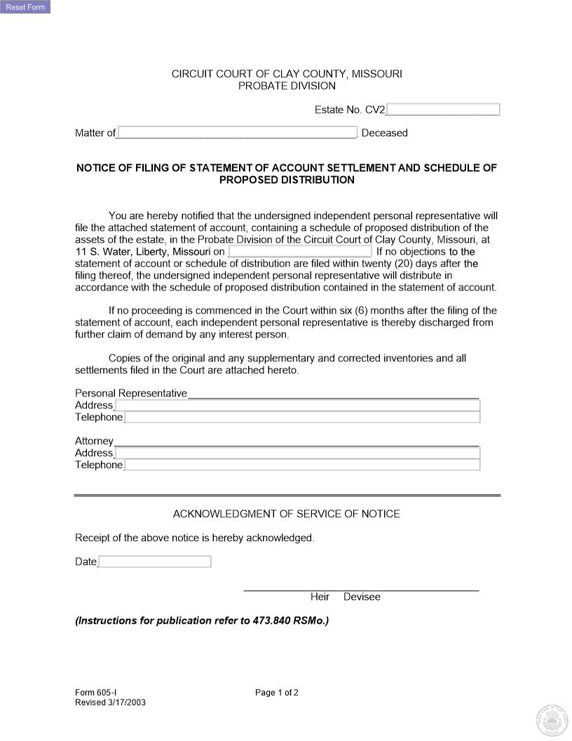 Notice Of Filing Of Statement Of Account {605-I} | Pdf Fpdf Docx | Missouri