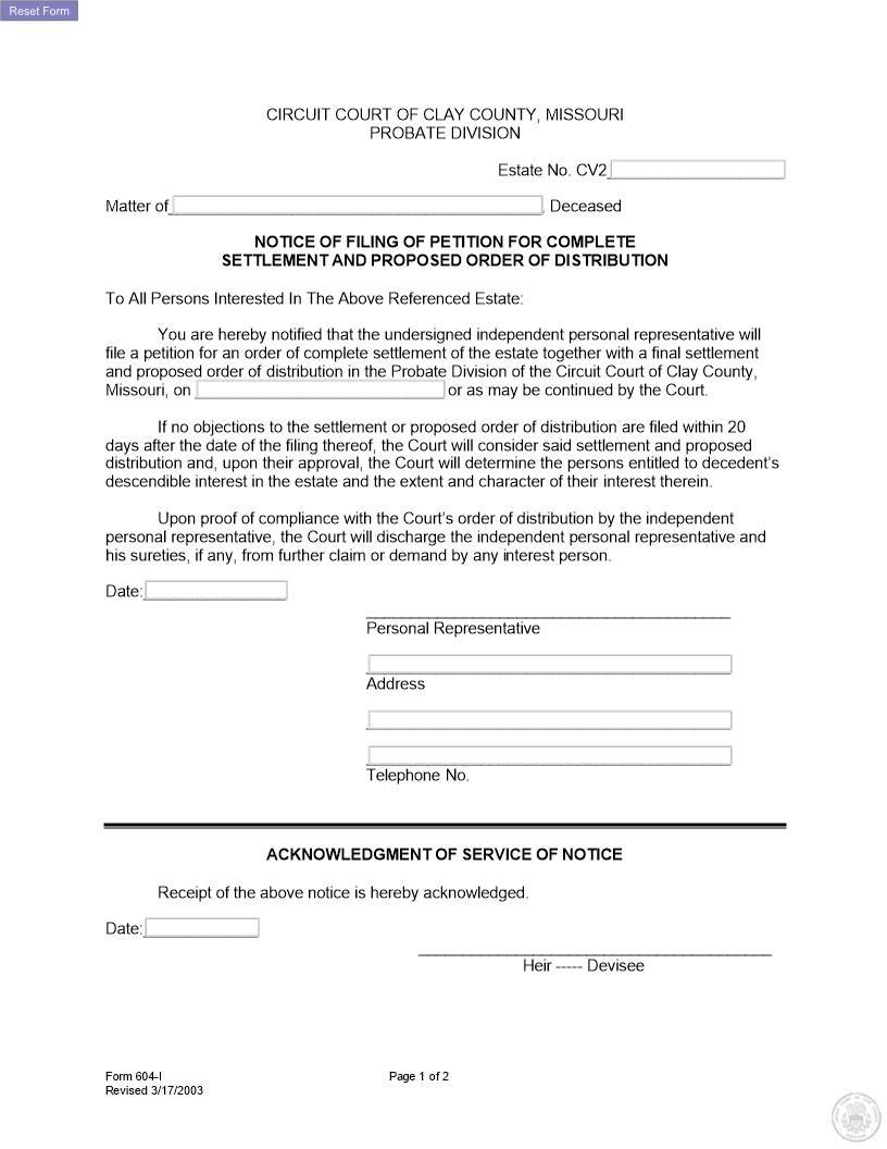 Notice Of Settlement And Proposed Distribution {604-I} | Pdf Fpdf Docx | Missouri