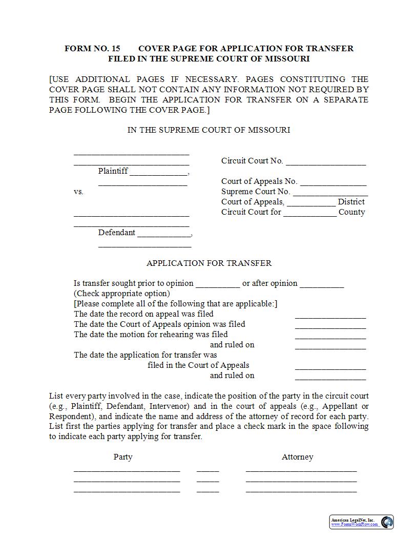 Cover Page For Transfer Filed In Supreme Court {15} | Pdf Fpdf Docx | Missouri