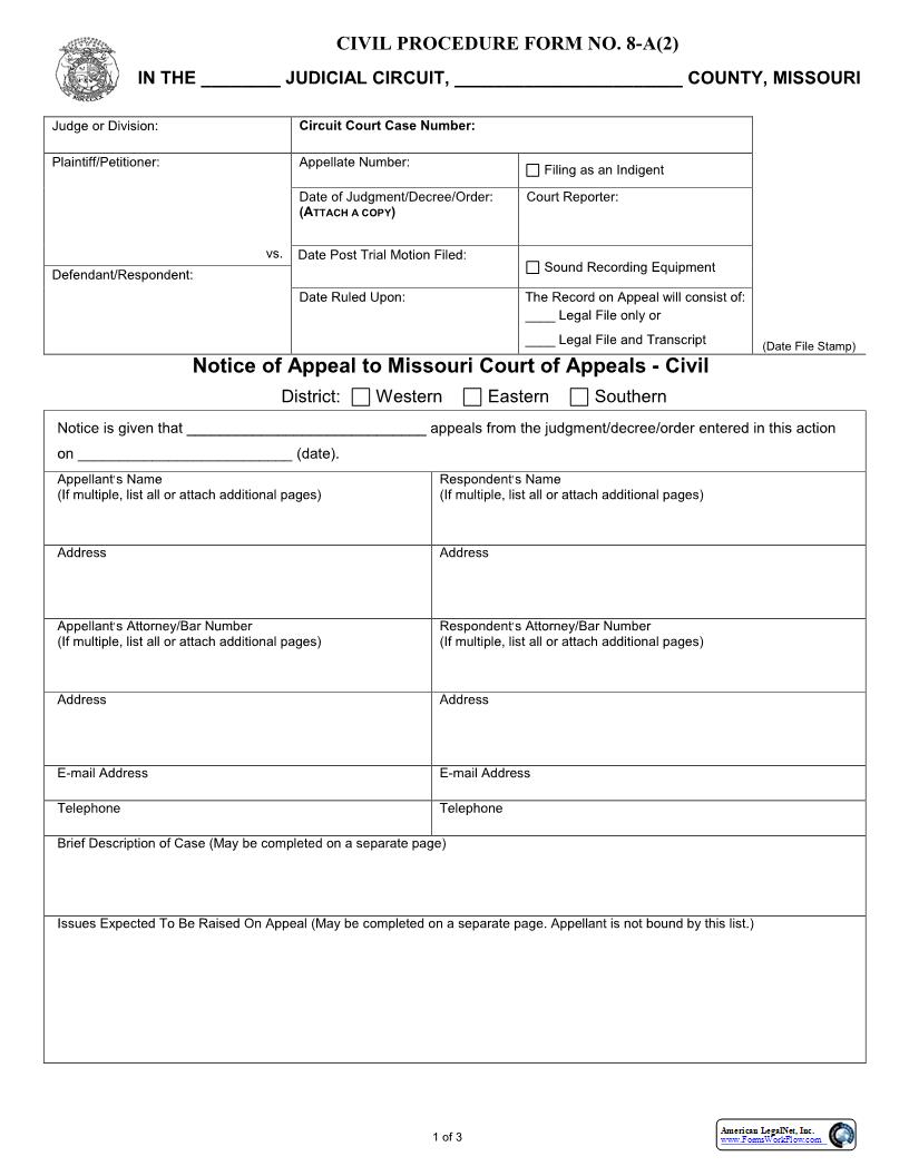 Notice Of Appeal To Court Of Appeals Civil {8-A(2)} | Pdf Fpdf Docx | Missouri