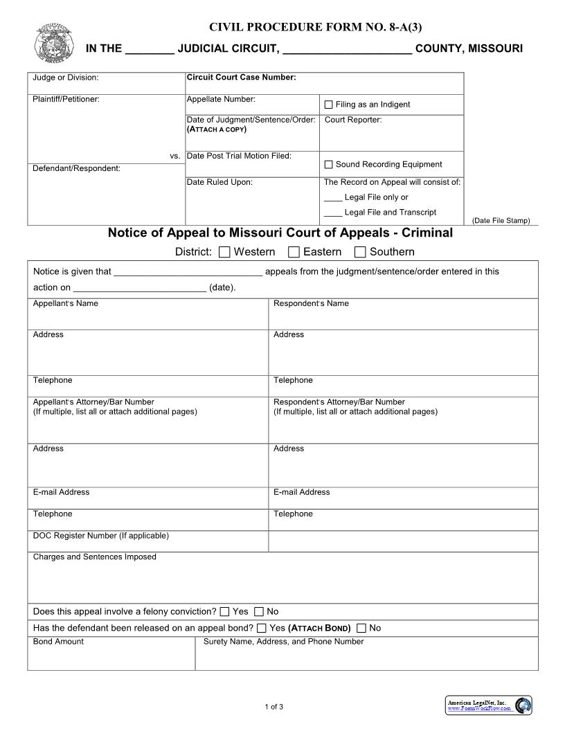 Notice Of Appeal To Court Of Appeals Criminal {8-A(3)} | Pdf Fpdf Docx | Missouri