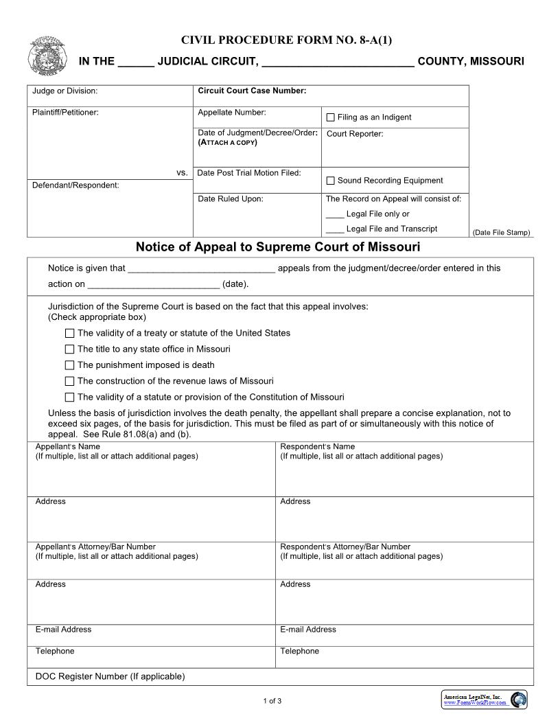 Notice Of Appeal To Supreme Court {8-A(1)} | Pdf Fpdf Docx | Missouri