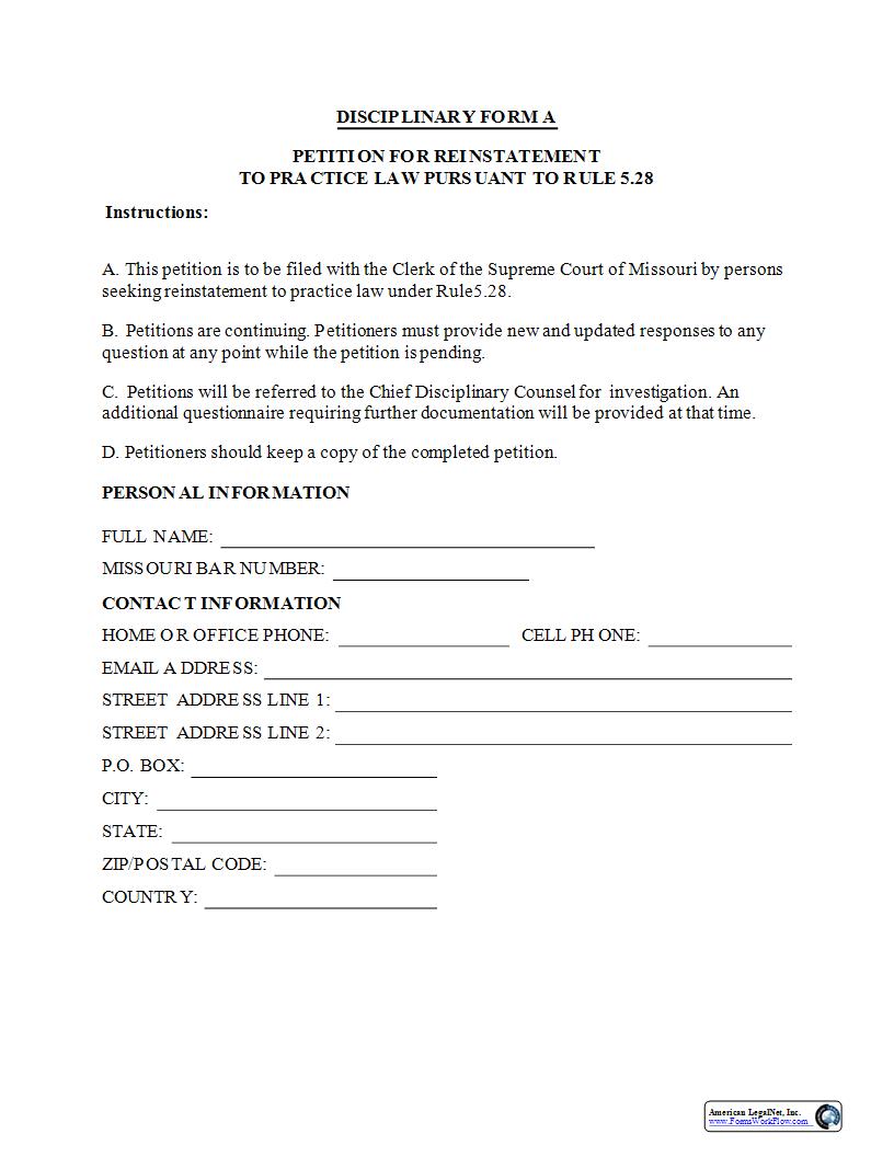 Petition For Reinstatement To Practice Law {Form A} | Pdf Fpdf Docx | Missouri