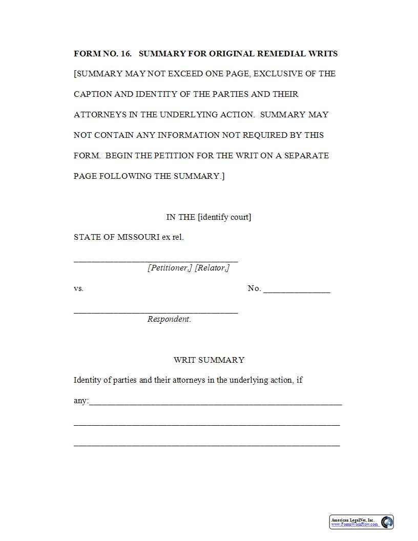 Summary For Original Remedial Writ {Form 16} | Pdf Fpdf Docx | Missouri