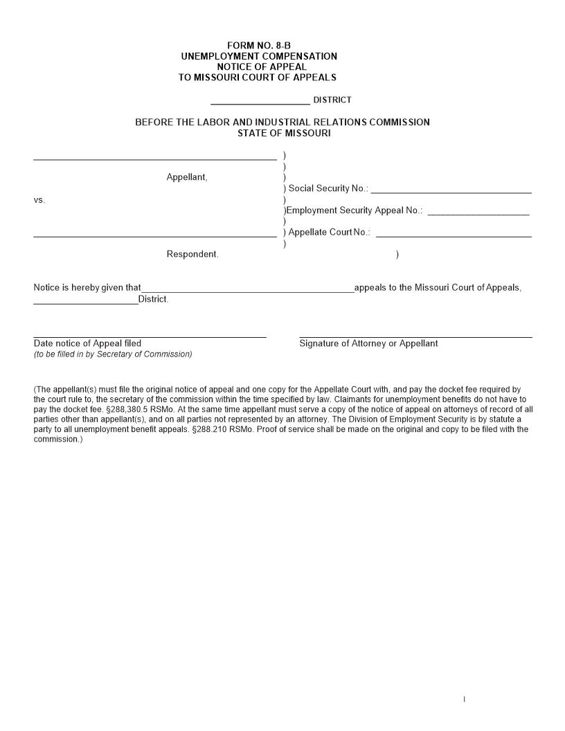 Unemployment Notice Of Appeal {8-B} | Pdf Fpdf Docx | Missouri
