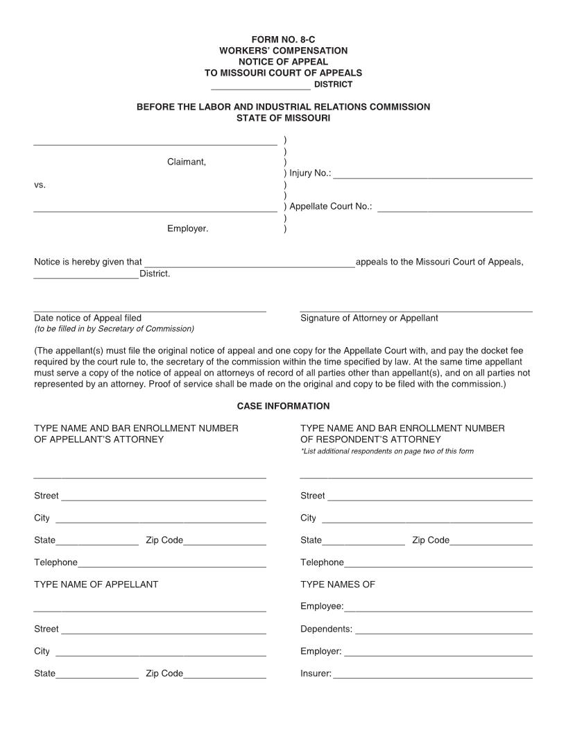 Workers Compensation Notice Of Appeal {8-C} | Pdf Fpdf Docx | Missouri