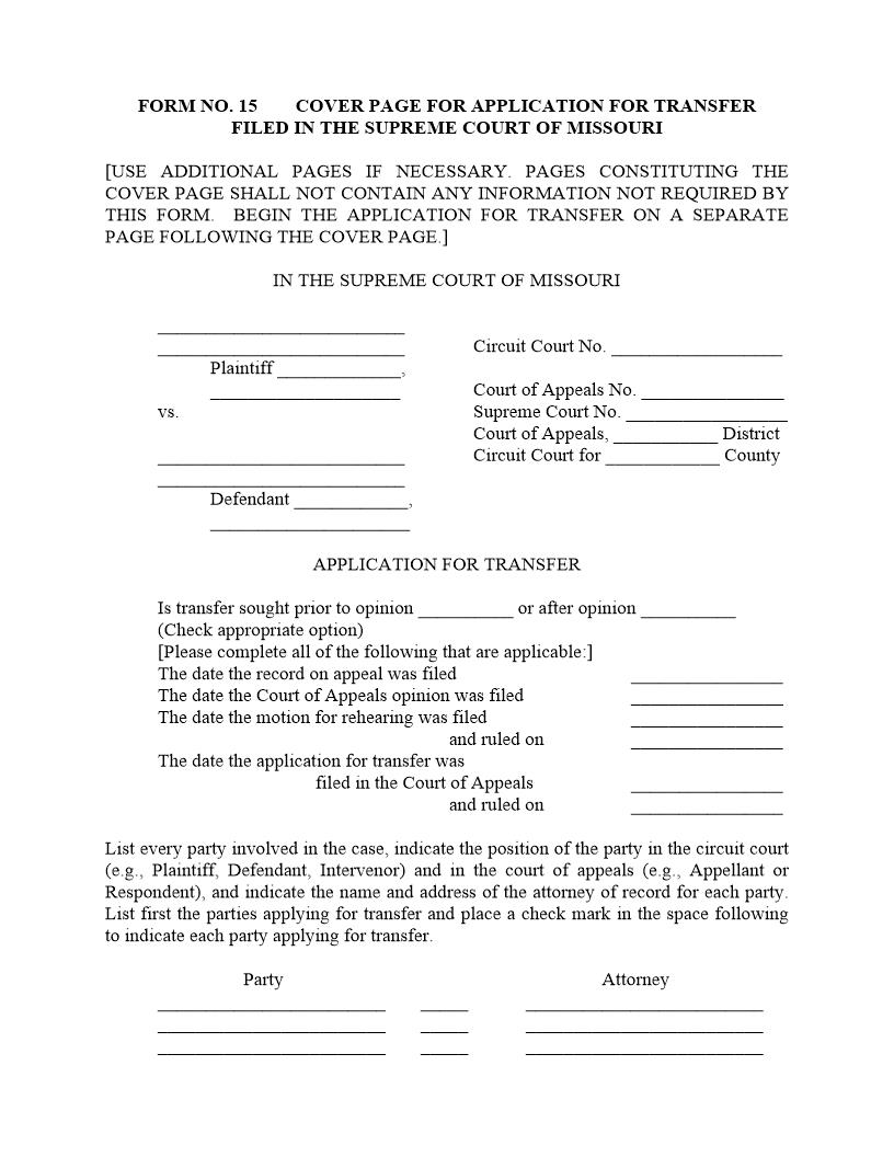 Cover Page For Application For Transfer Filed In Supremem Court {15} | Pdf Fpdf Docx | Missouri