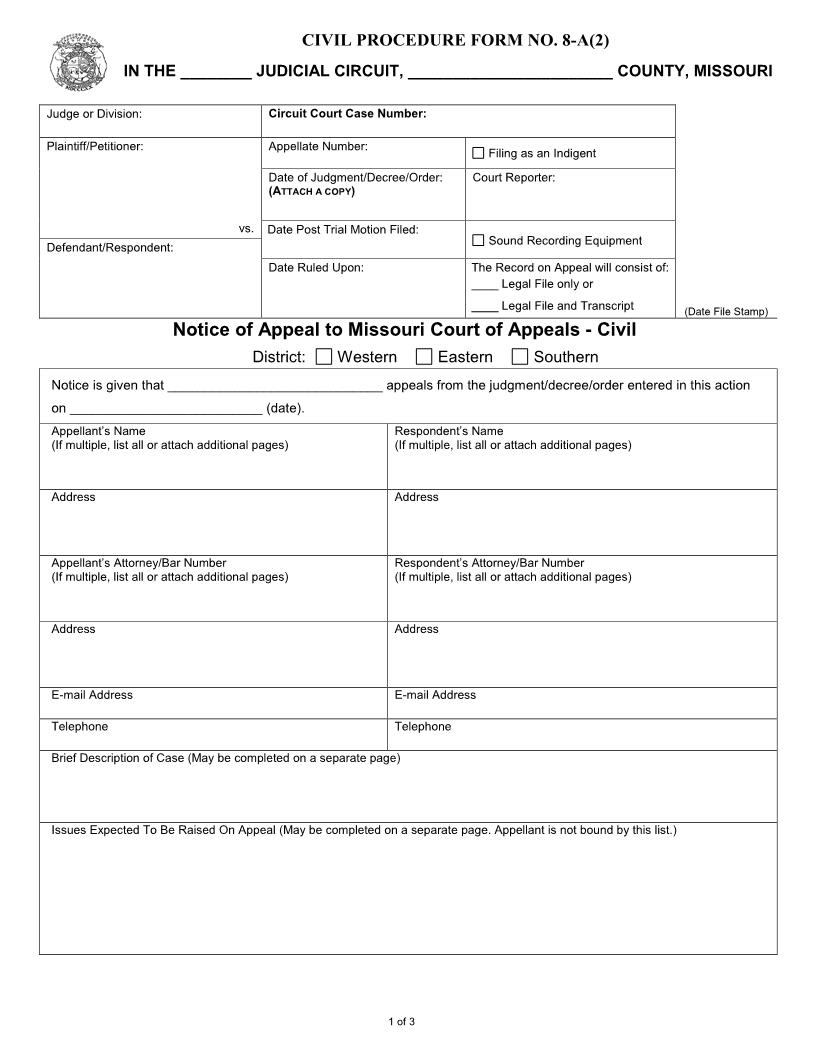 Notice Of Appeal To Court Of Appeals {8-A(2)} | Pdf Fpdf Docx | Missouri
