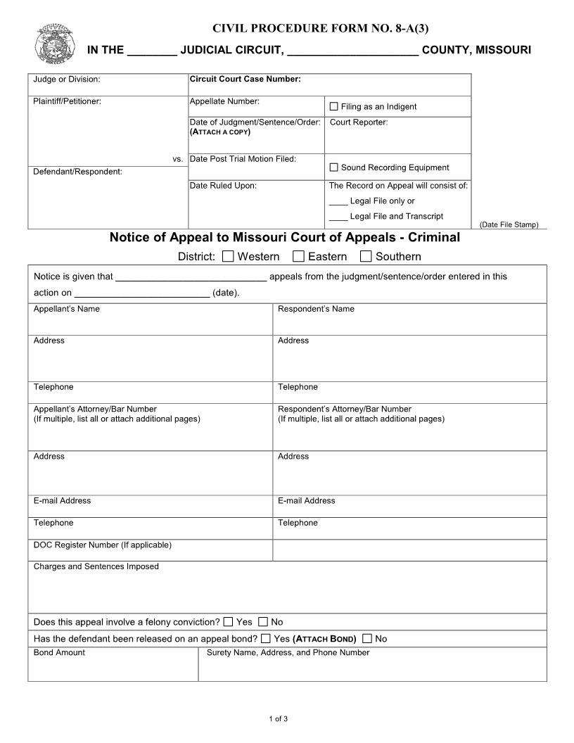 Notice Of Appeal To Court Of Appeals Criminal {8-A(3)} | Pdf Fpdf Docx | Missouri