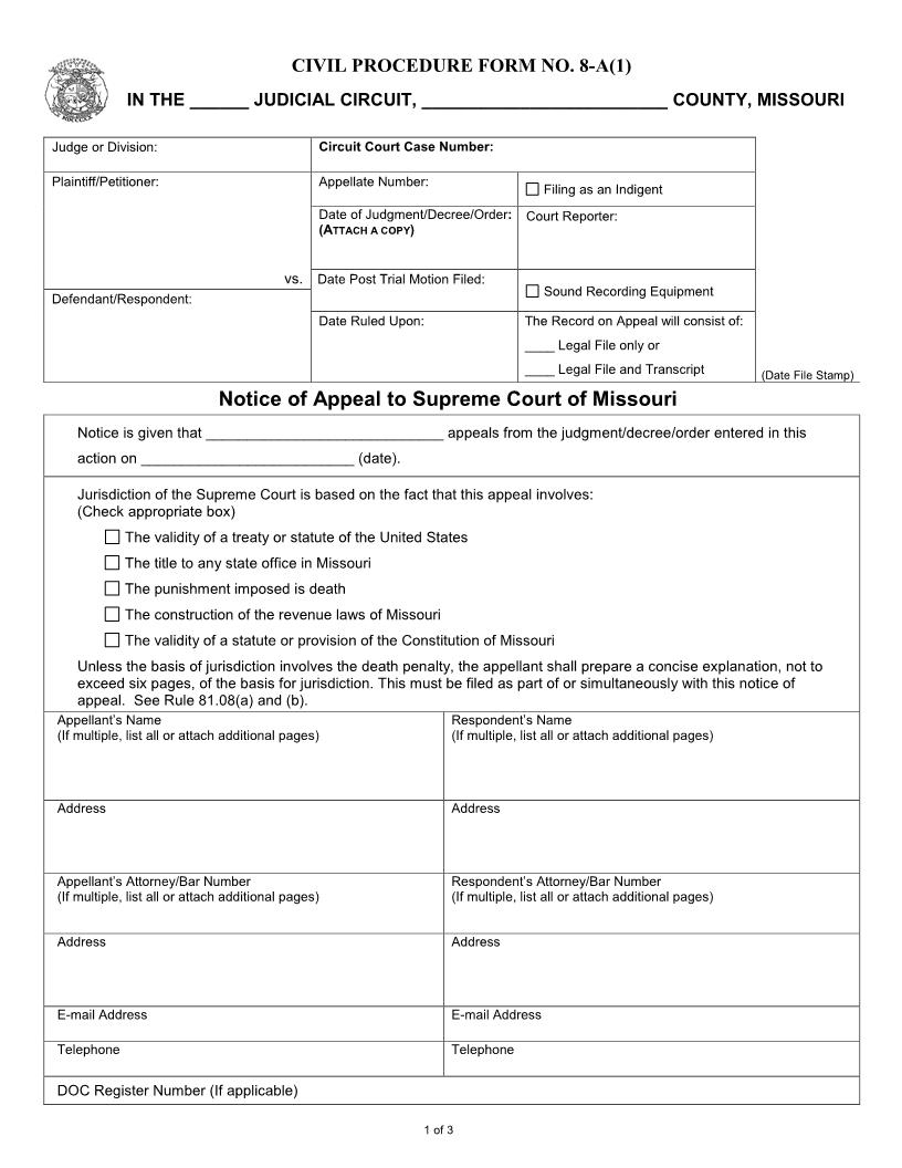 Notice Of Appeal To Supreme Court {8-A(1)} | Pdf Fpdf Docx | Missouri
