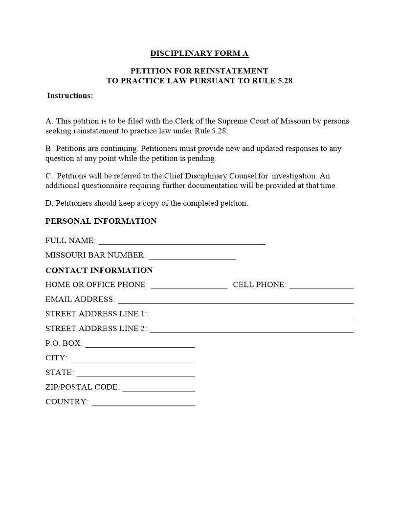 Petition For Reinstatement To Practice Law | Pdf Fpdf Docx | Missouri