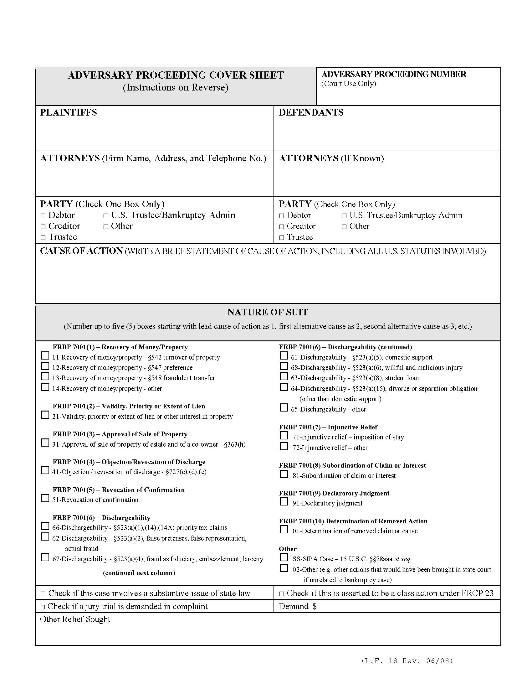 Adversary Proceeding Cover Sheet {LF18} | Pdf Fpdf Doc Docx | Missouri