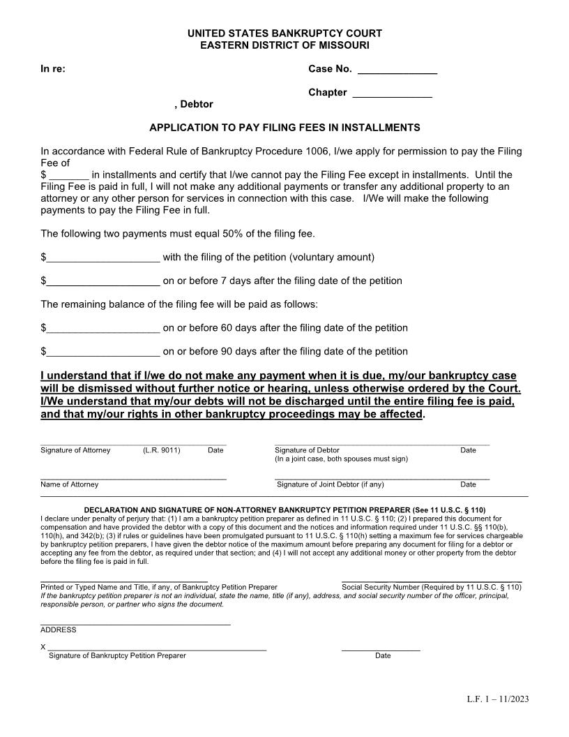 Application To Pay Filing Fees In Installments {LF1} | Pdf Fpdf Docx | Missouri