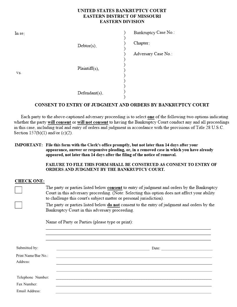 Consent To Entry Of Judgment And Orders By Bankruptcy Court | Pdf Fpdf Docx | Missouri