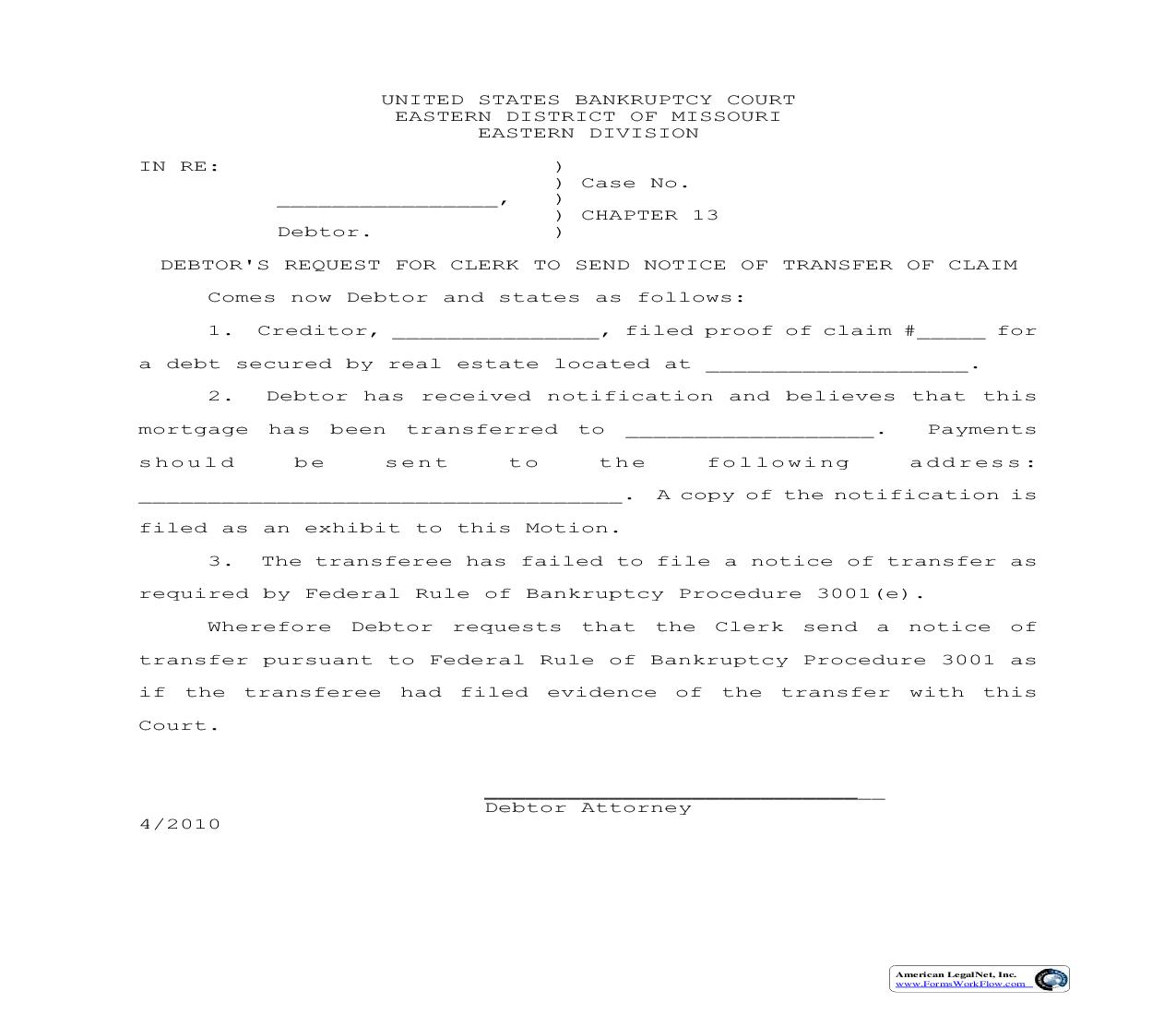 Debtors Request For Clerk To Send Notice Of Transfer Of Claim | Pdf Fpdf Doc Docx | Missouri