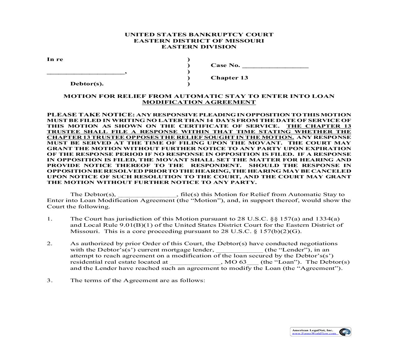 Motion For Relief From Automatic Stay To Enter Into Loan Modification Agreement | Pdf Fpdf Doc Docx | Missouri