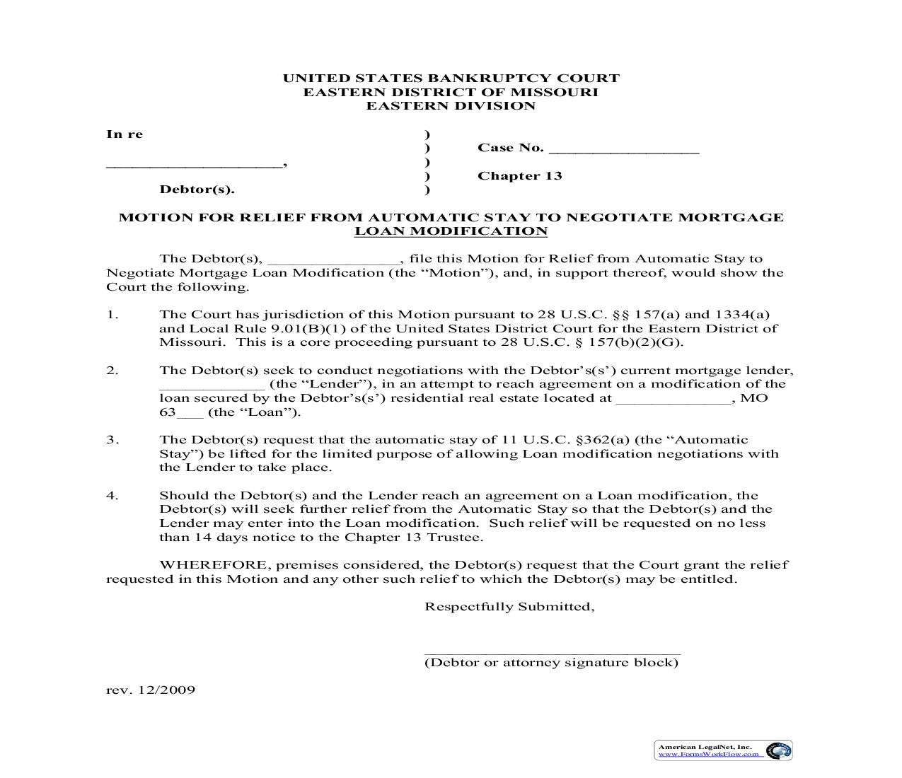 Motion For Relief From Automatic Stay To Negotiate Mortgage Loan Modification | Pdf Fpdf Doc Docx | Missouri