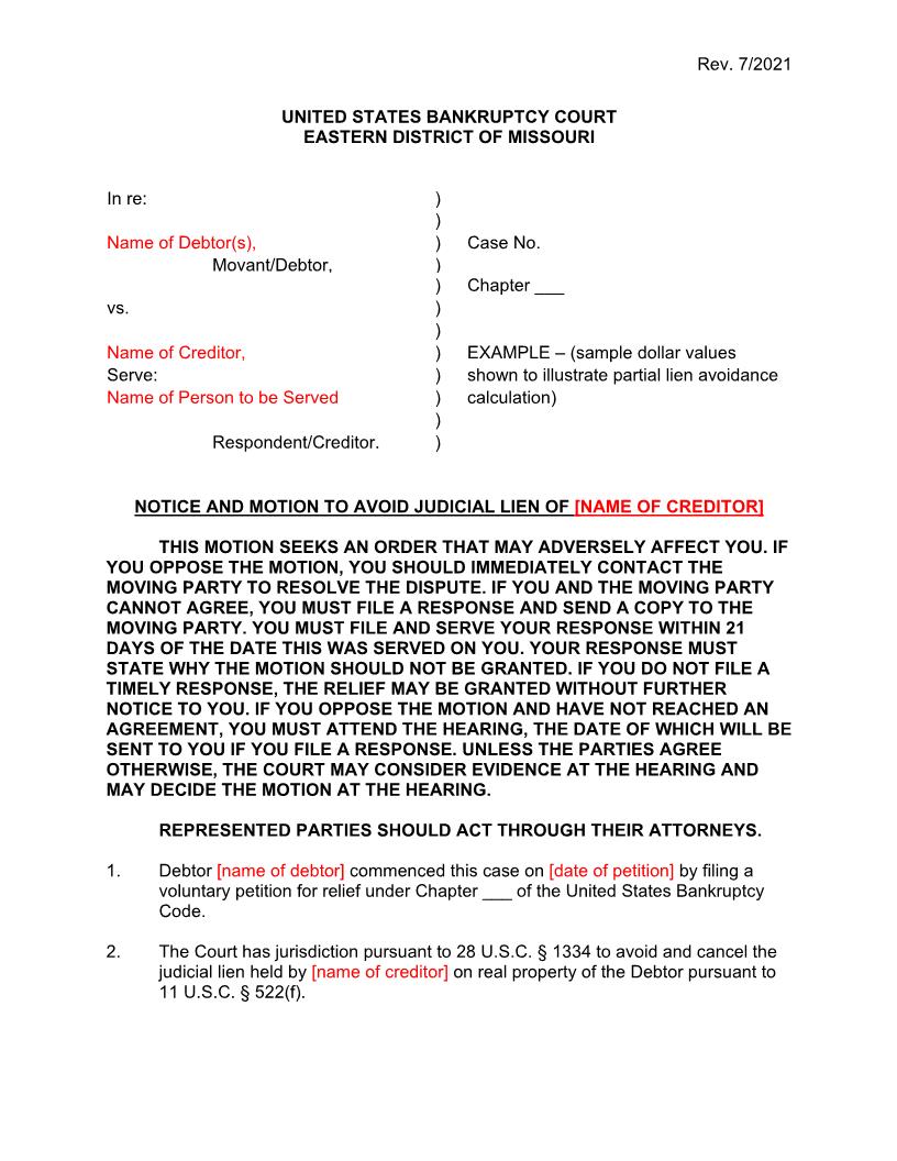 Notice And Motion To Avoid Judicial Lien | Pdf Fpdf Docx | Missouri