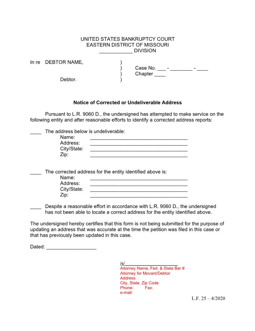Notice Of Corrected Or Undeliverable Address {LF25} | Pdf Fpdf Doc Docx | Missouri