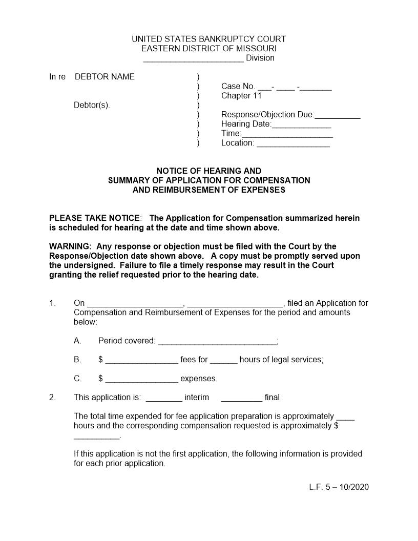 Notice Of Hearing And Summary Of Application For Compensation And Reimbursement Of Expenses {LF5} | Pdf Fpdf Doc Docx | Missouri