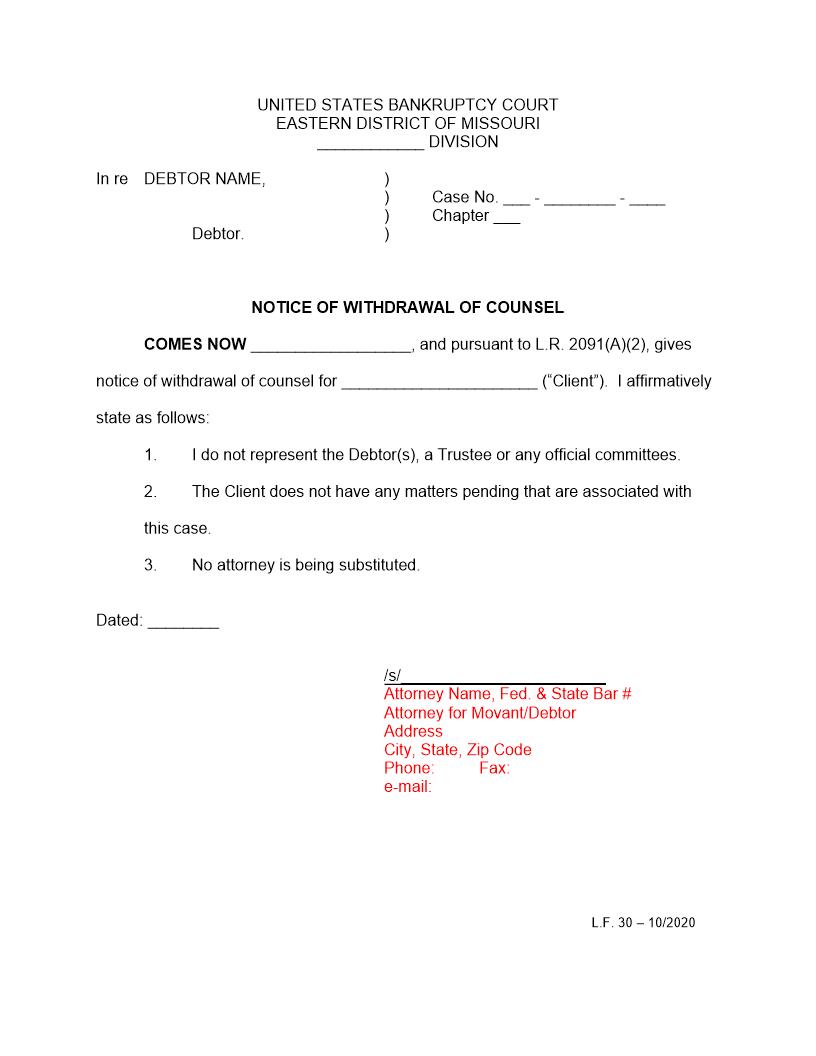 Notice Of Withdrawal Of Counsel {LF 30} | Pdf Fpdf Docx | Missouri