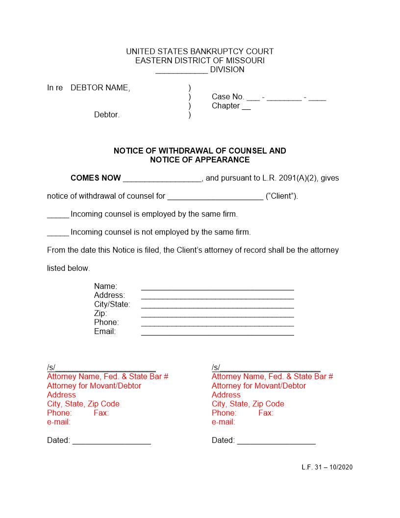 Notice Of Withdrawal Of Counsel And Notice Of Appearance {LF 31} | Pdf Fpdf Docx | Missouri