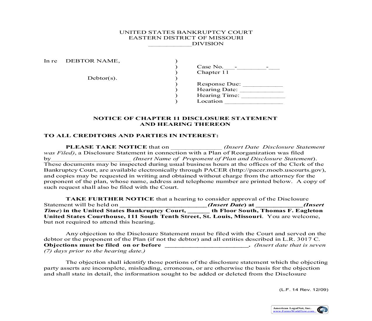 Notice of Chapter 11 Disclosure Statement And Hearing Thereon {LF14} | Pdf Fpdf Doc Docx | Missouri